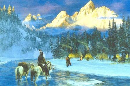 Guerrier indien de retour de la chasse acceuilli par son indienne